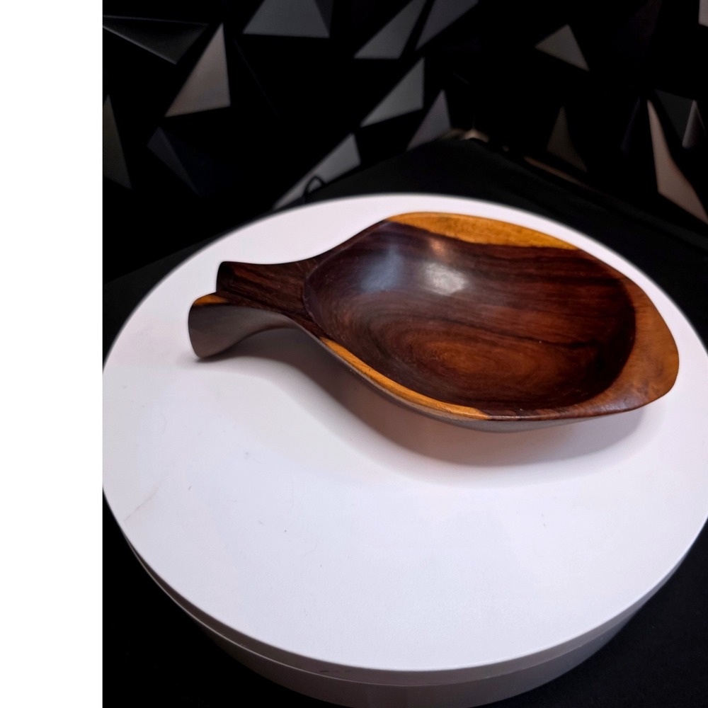 Hand Carved Fish Shaped Wooden Bowl 8.5 Inch Dark Grain Hardwood Decorative Dish
